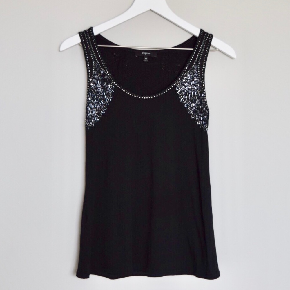 Express XS Black Tank with Beaded Neckline